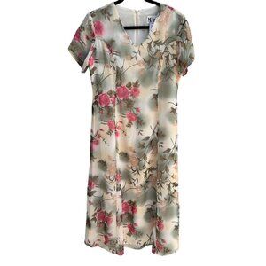 Maggie Sweet Vintage Womens Floral Chiffon V-Neck Short Sleeve Midi Dress PS